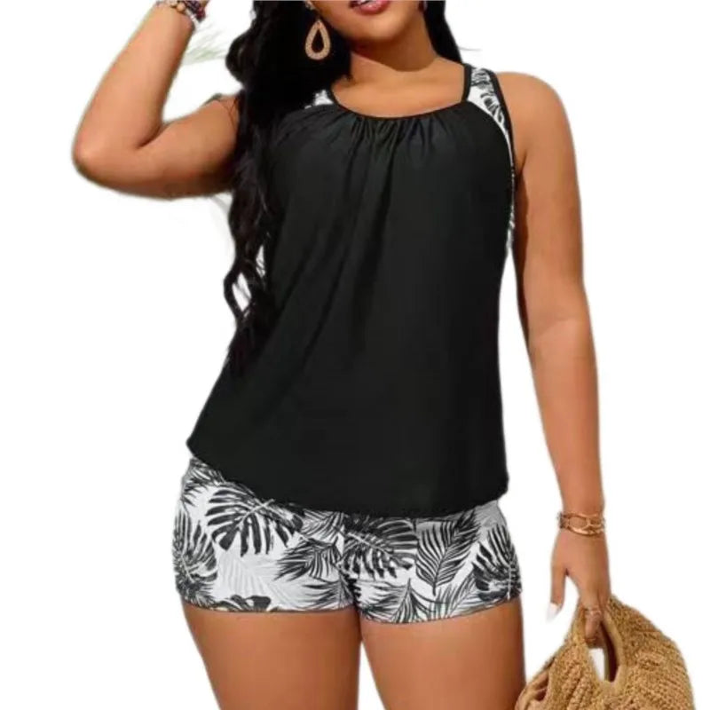 Women's Printed Blouson Tankini Top and Shorts Swim Set