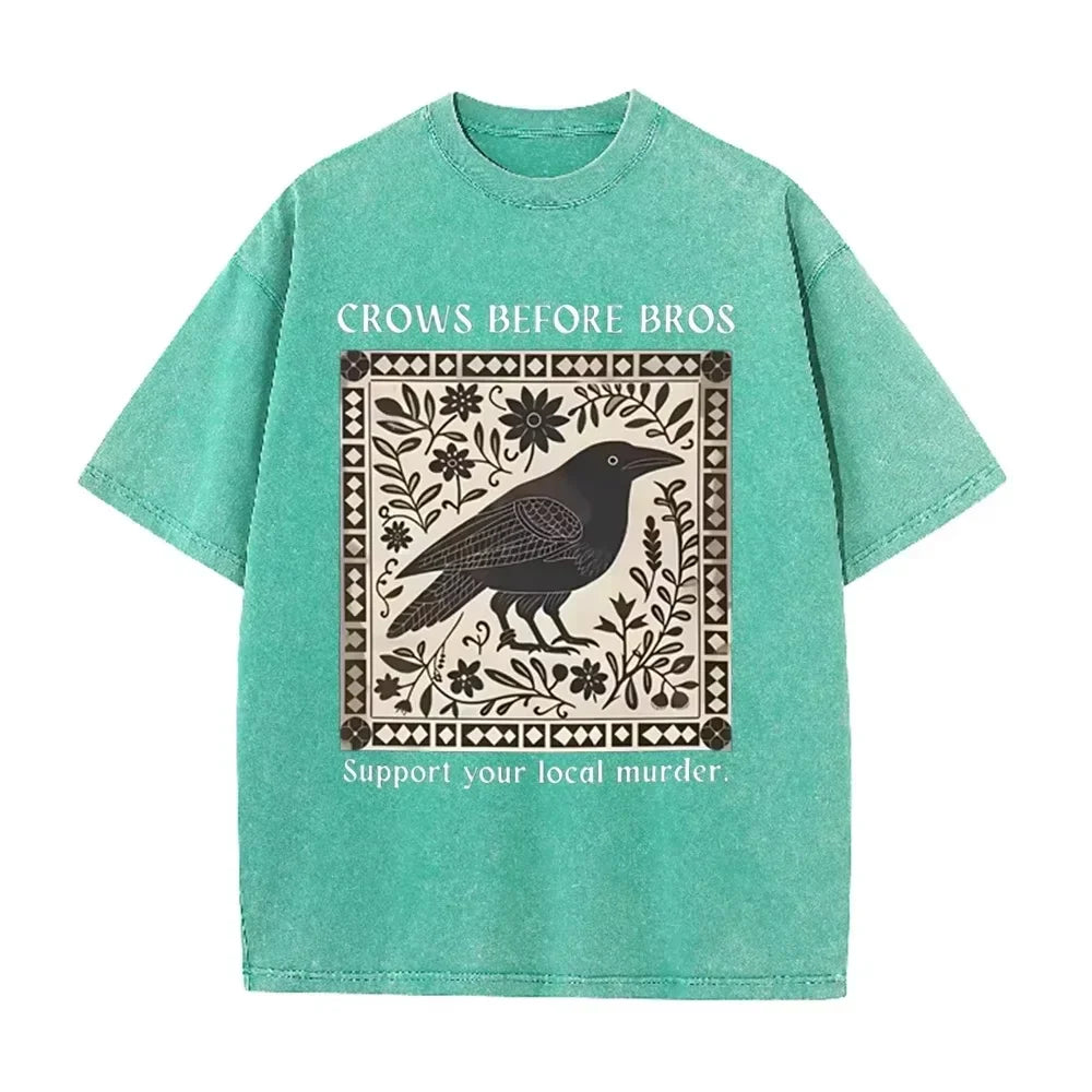Distressed Vintage Washed Tee Vintage Square Crow Floral Print Support Local Murder Funny Slogan Loose T Shirts