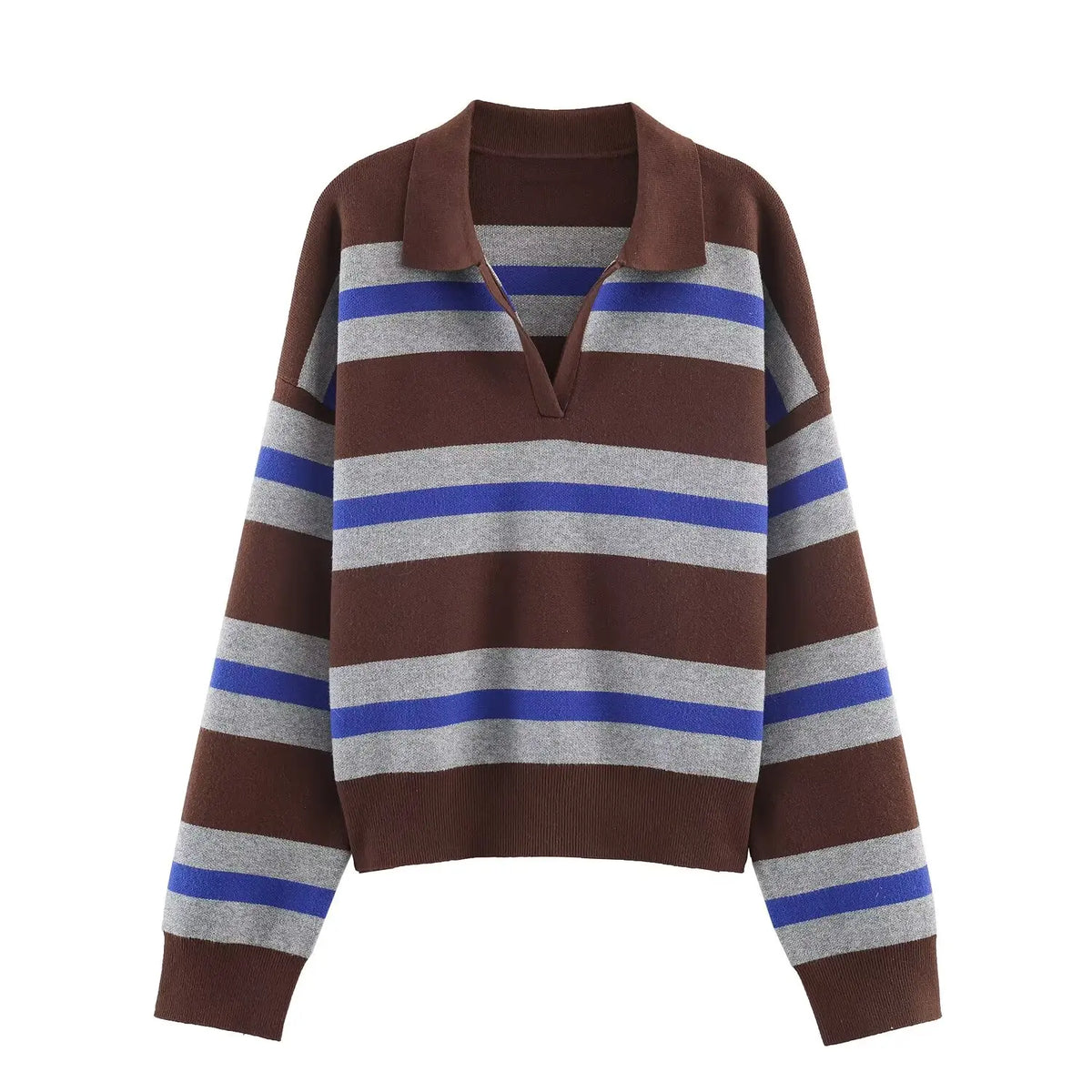 Women's Striped Polo Collar Loose Fit Sweater Casual Knit Layer