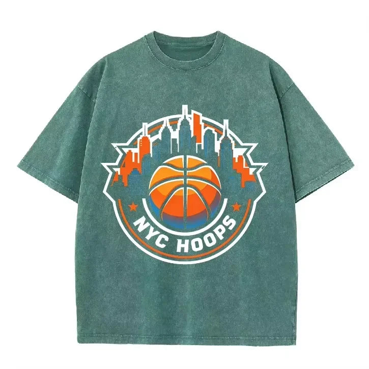 Vintage Washed Green Tshirt NYC Hoops York Basketball Skyline Print Loose Short Sleeve Sports Casual Tee