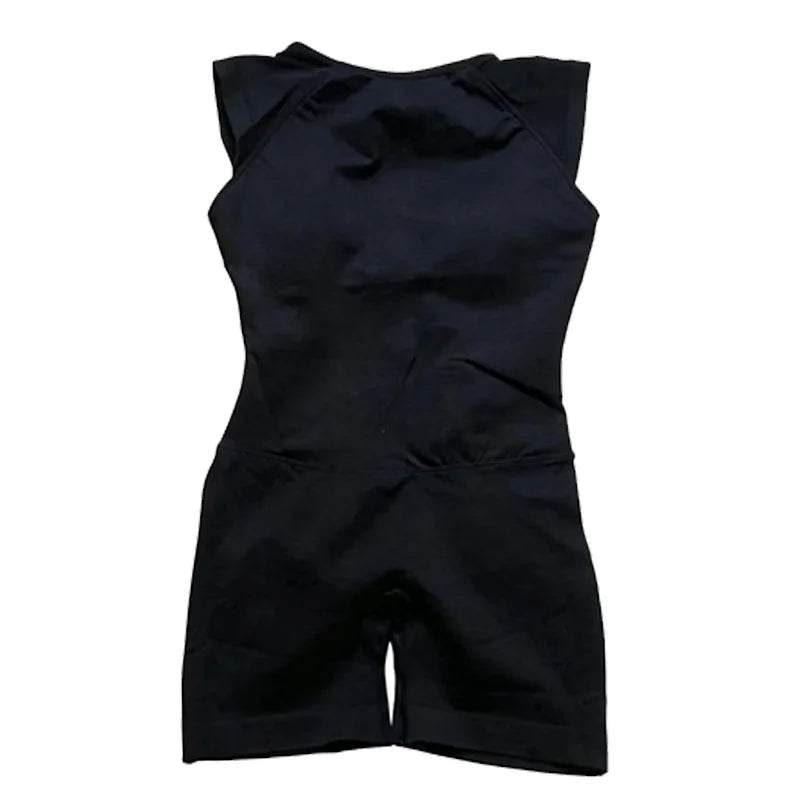Women's Cap Sleeve Nylon Workout Romper with Open Back and Short Legs