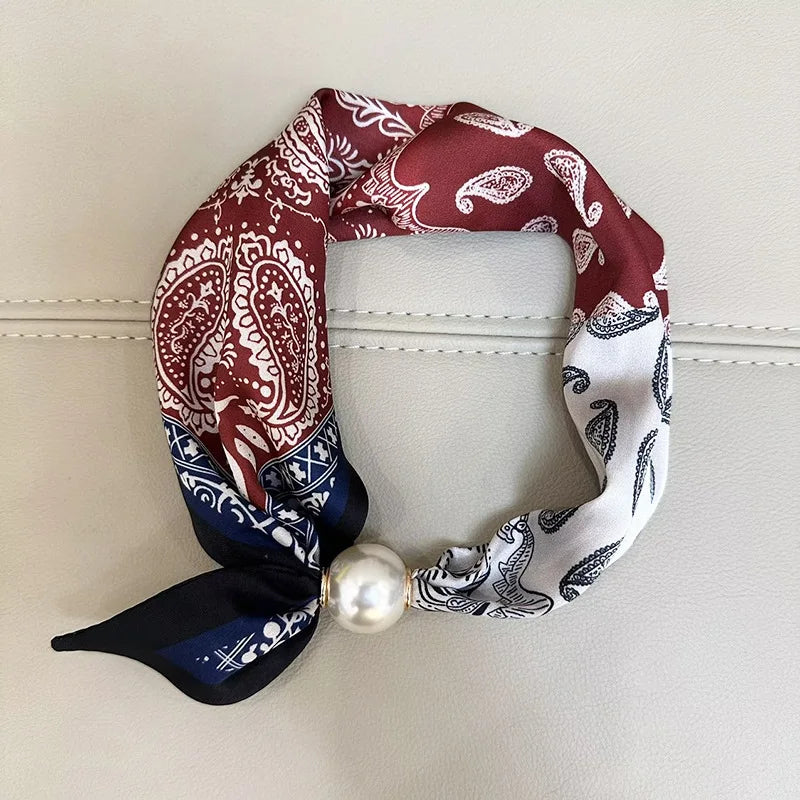 Printed Neck Scarf with Decorative Pearl Style Clasp Options