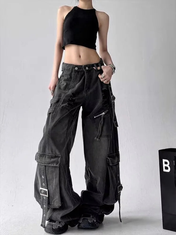 Women's Black Baggy Cargo Pocket Denim Jeans For Everyday Outfits