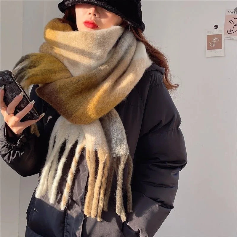 Multicolor Plaid Scarf with Long Shape and Fringed Ends