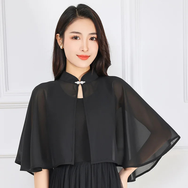 Clasp Front Chiffon Capelet for Layering over Dresses and Tops