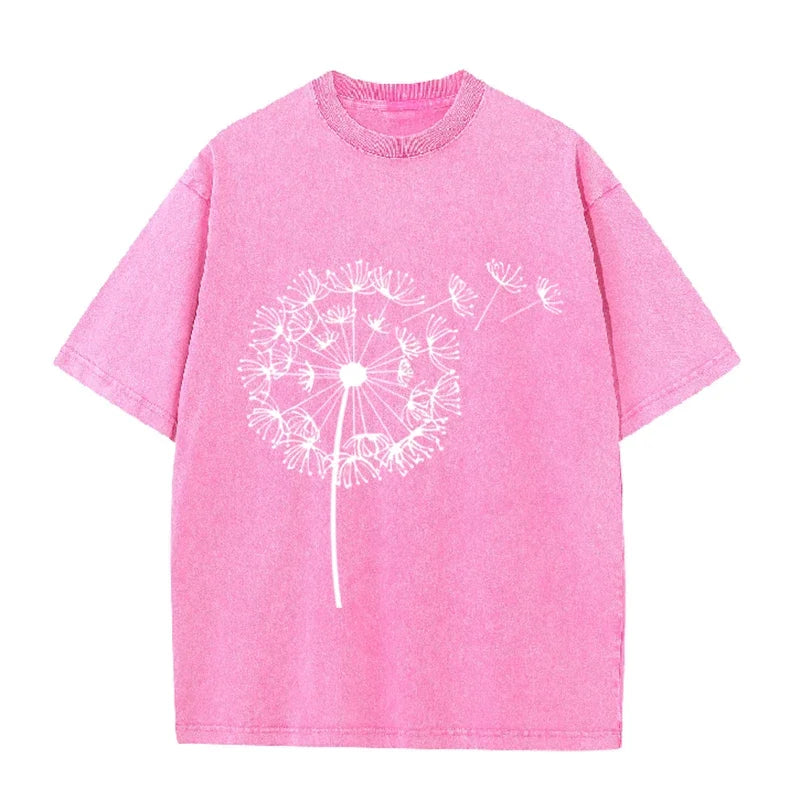 Dandelion Print Vintage Washed Brown T Shirt Casual Minimalist Streetwear Tee