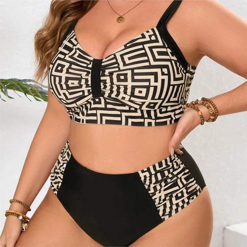 Women's Geometric Print Crop Top and High Waist Bikini Set