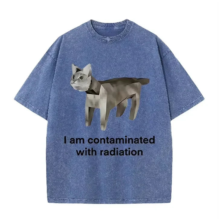 Vintage Washed Green Low Poly Radiation Cat I Am Contaminated Funny Meme Casual T Shirt