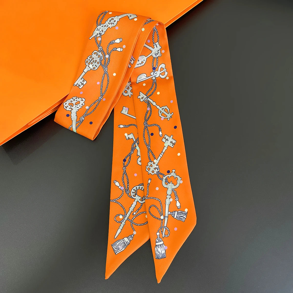 Colorful Printed Skinny Ribbon Scarf with Tie Ends