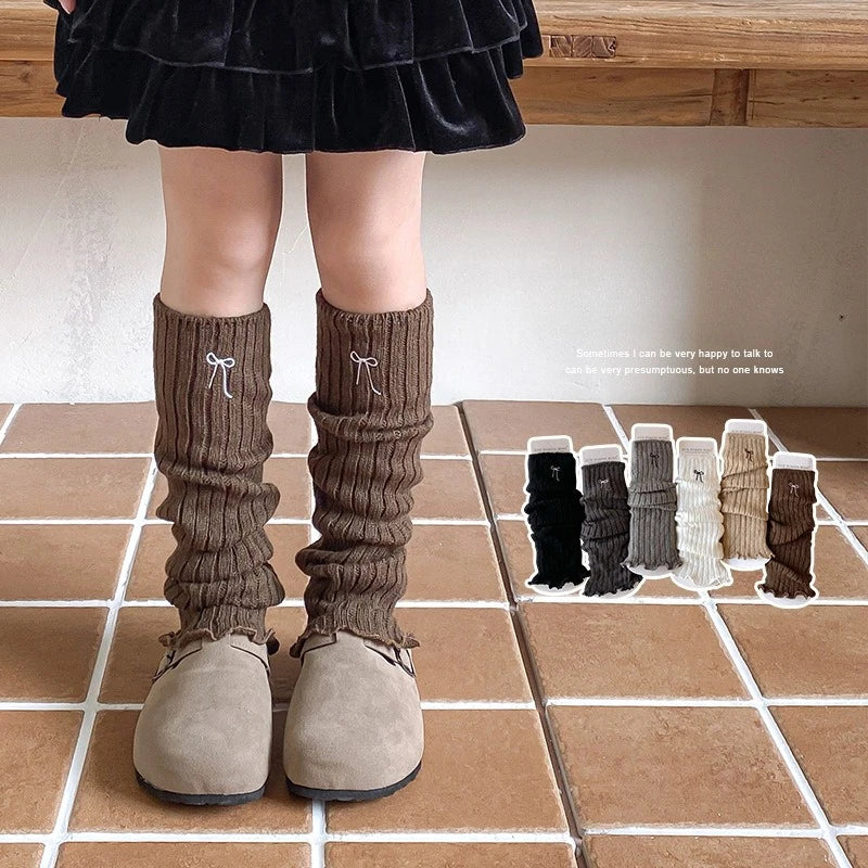 Children's Ribbed Leg Warmers with Decorative Embroidered Bow Detail