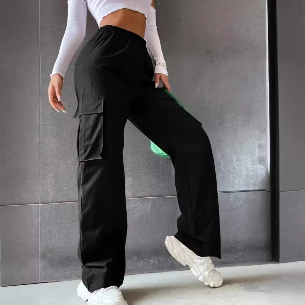 Women's Wide Leg Cargo Pants with Elastic Waist and Large Pockets