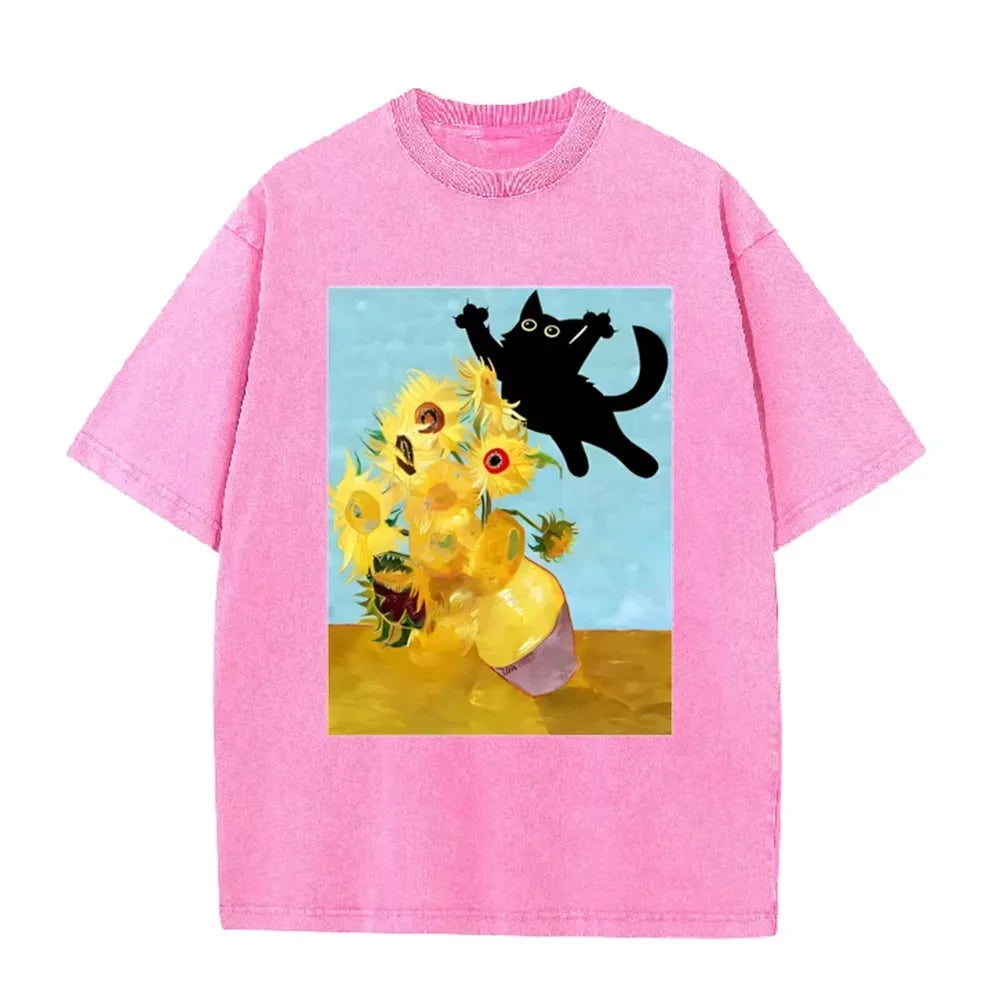 Van Gogh Sunflower Black Cat Parody Print Vintage Washed Purple Casual Art T Shirt
