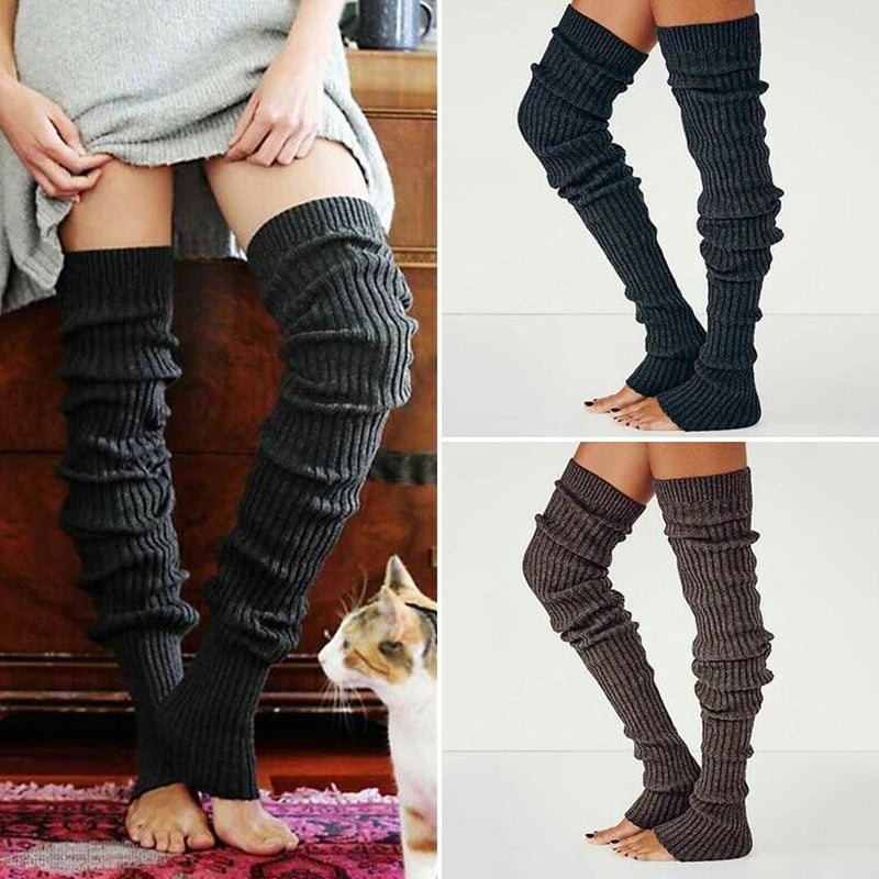 Solid Long Ribbed Leg Warmers with Open Foot Shape