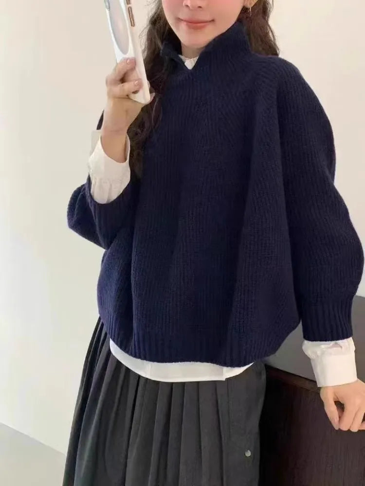 Half-open high-neck three-quarter sleeve cashmere sweater women loose cashmere sweater for autumn and winter thickened sweater