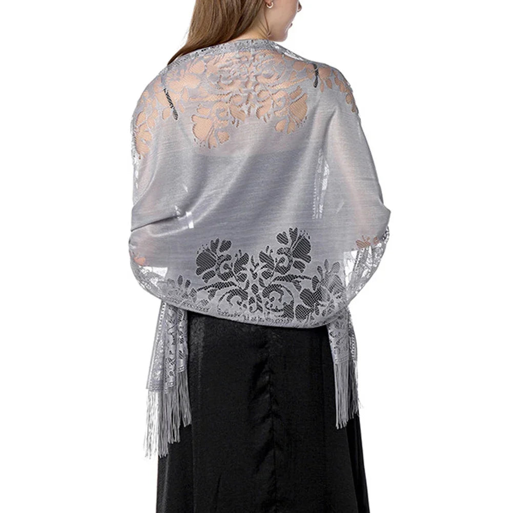 Floral Lace Fringed Wrap Scarf for Layering over Outfits