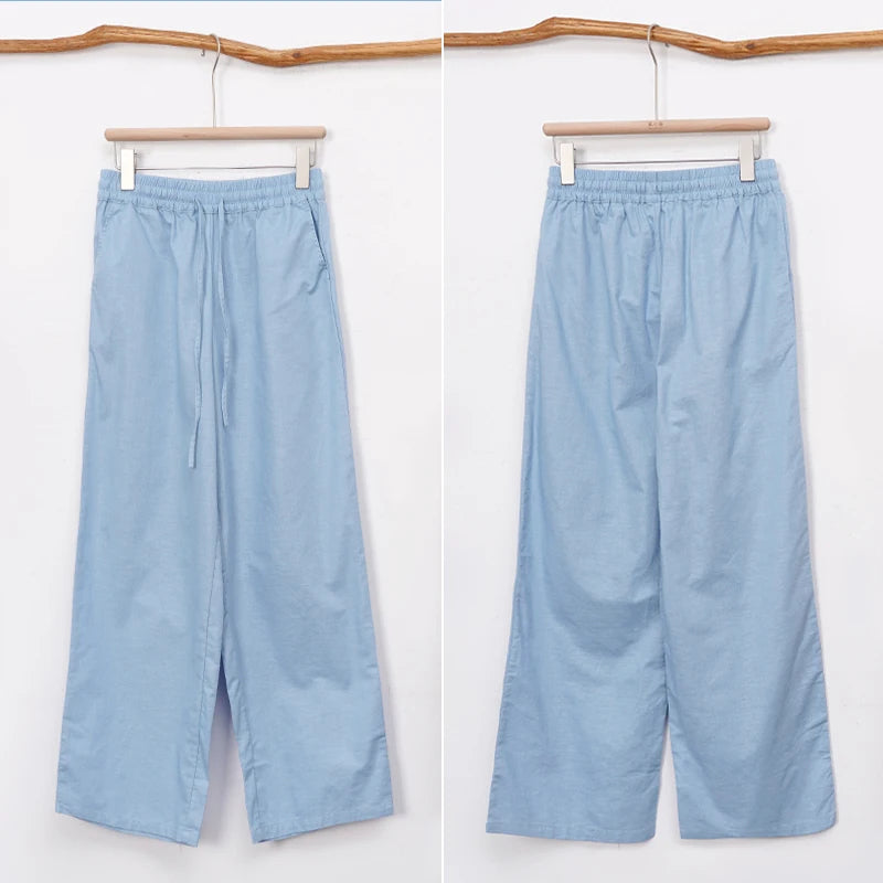Women's Cotton-Linen Loose Straight-Leg Full-Length Pants with Drawstring Waist and Side Pockets
