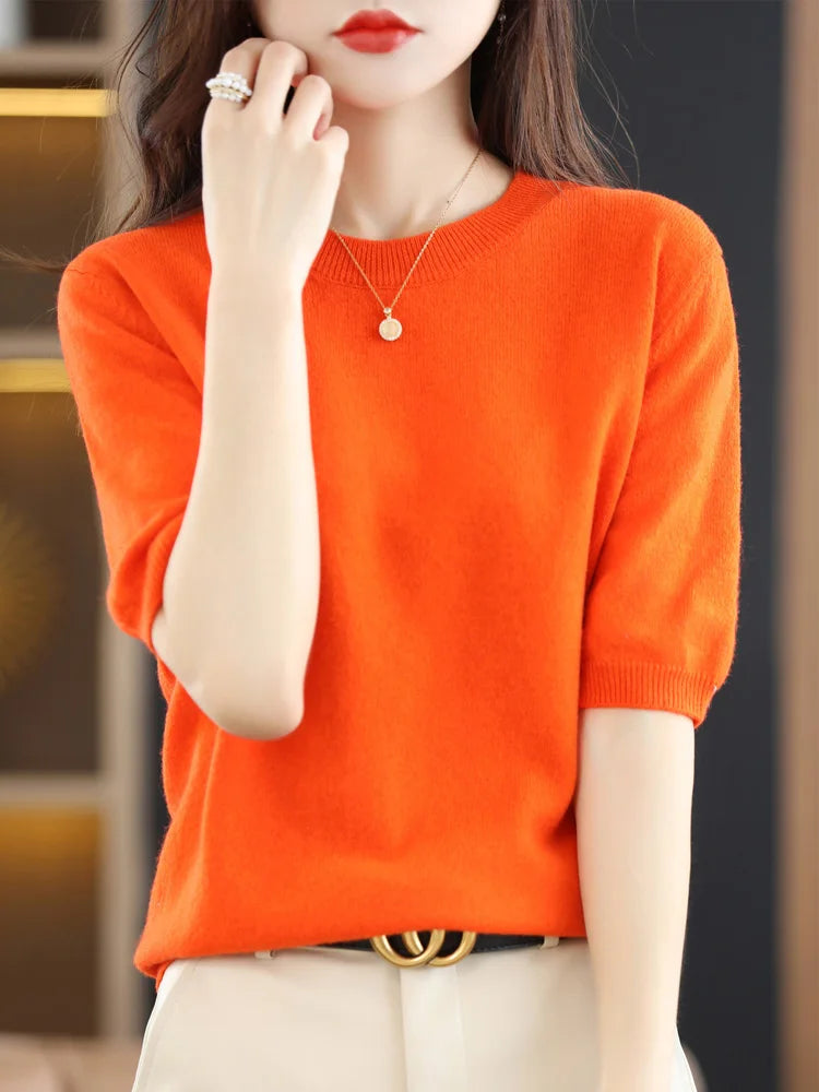 Women's Crew Neck Short Sleeve Sweater Casual Knit Layer