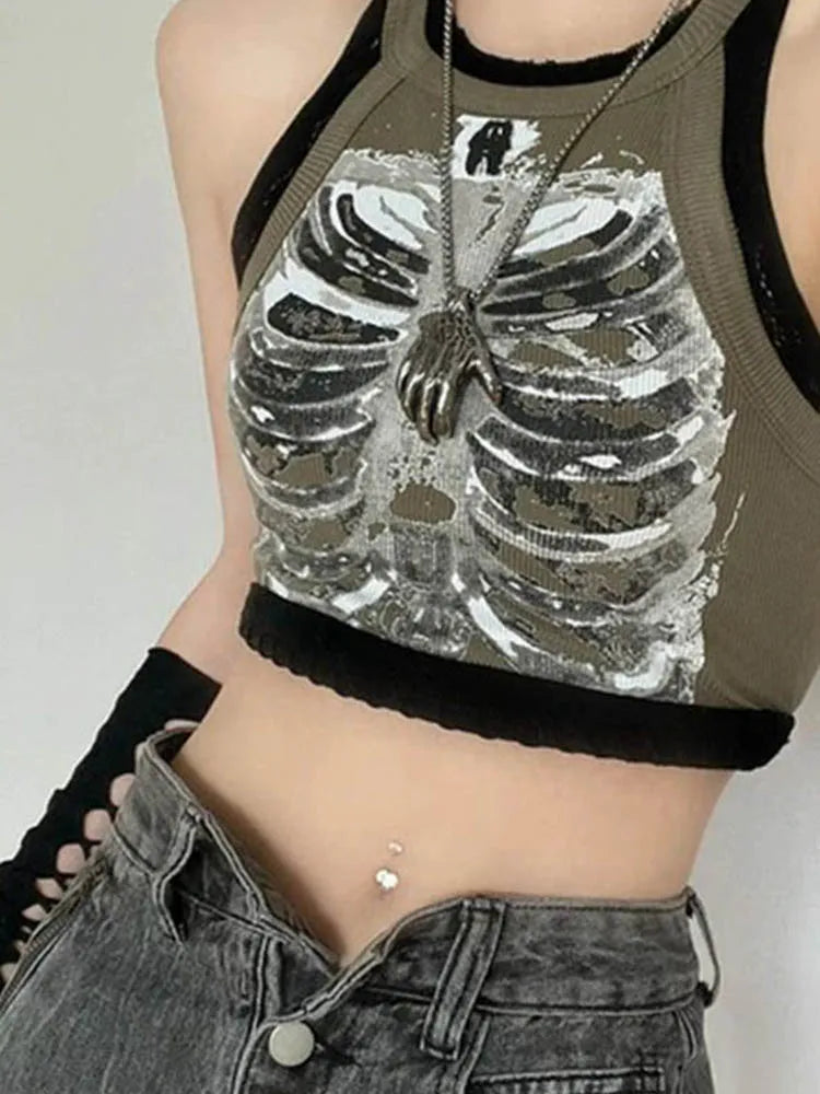 Women's Skeleton Ribcage Print Cotton Blend Crop Tank with Contrast Binding