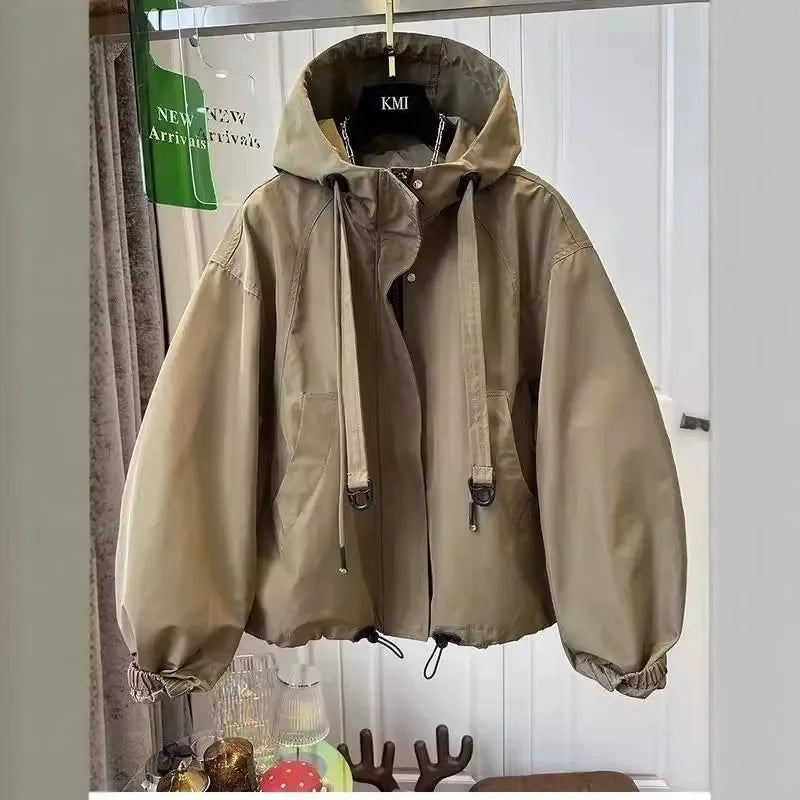 Women's Cotton-Polyester Hooded Zip-Front Long-Sleeve Jacket for Casual Spring Autumn Layered Outfits