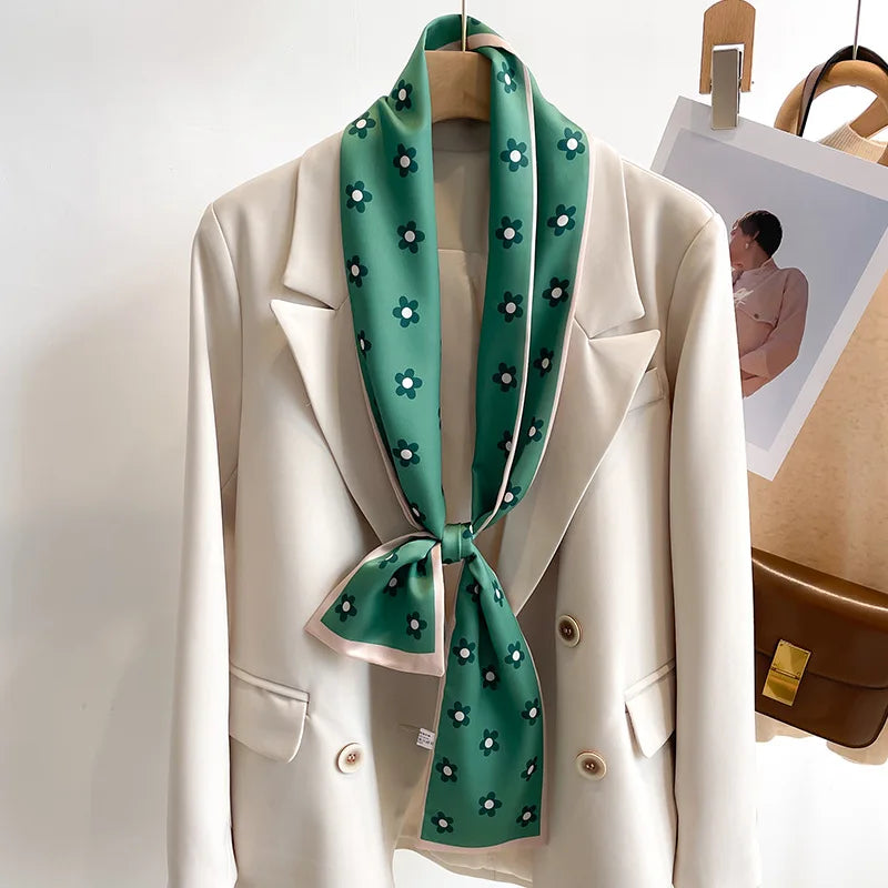 Printed Long Narrow Scarf with Decorative Ribbon Shape