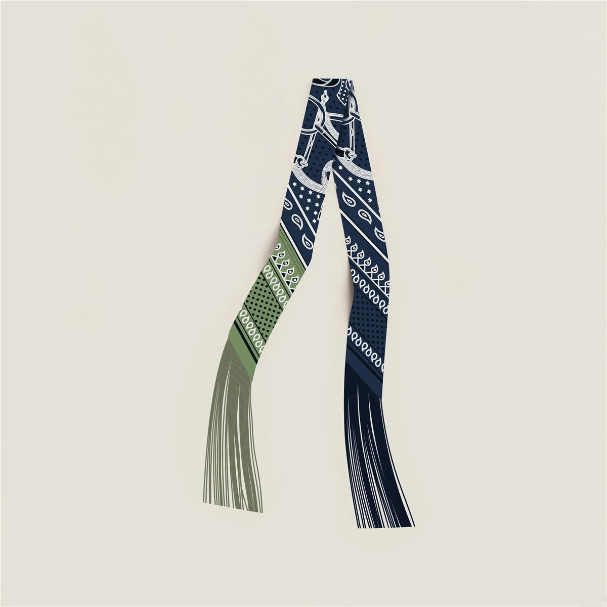 Printed Narrow Ribbon Scarf with Decorative Fringed Ends