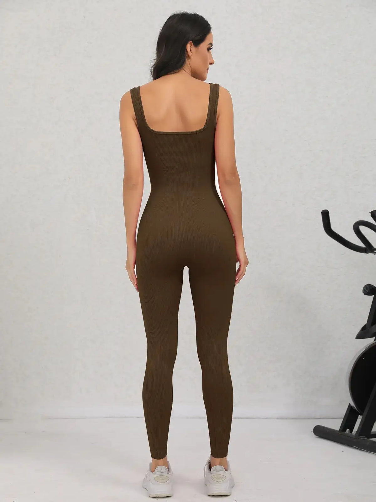 Women's Square Neck Ribbed Nylon Blend Workout Jumpsuit with Fitted Legs