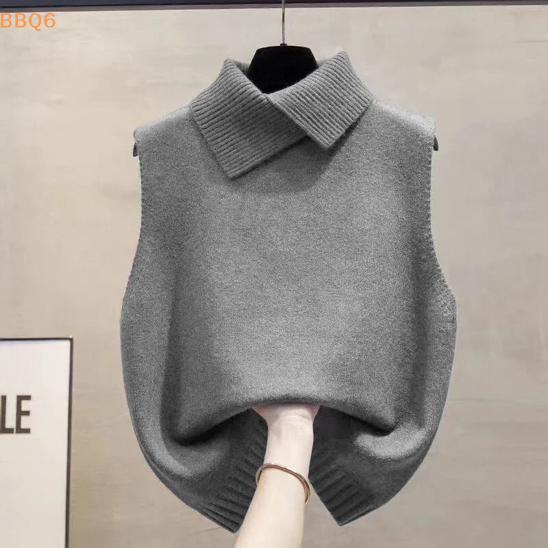 Women's Collared Sleeveless Knit Styles Vest Casual Knit Layer