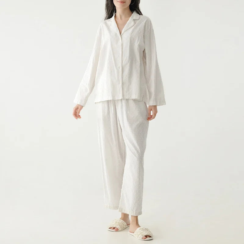 Women's Cotton Pajama Set with Long-Sleeve Collared Top and Full-Length Matching Pants