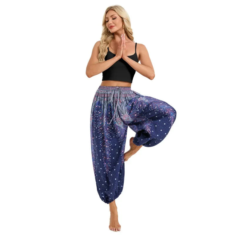 Women's Printed Rayon Harem Pants with Elastic Waist and Loose Gathered Legs