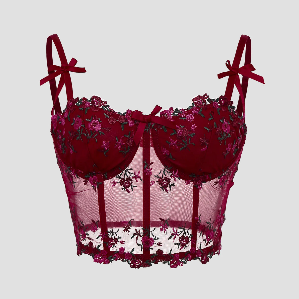 Women's Floral Embroidered Crop Top with Lace Construction and Bow Detailing
