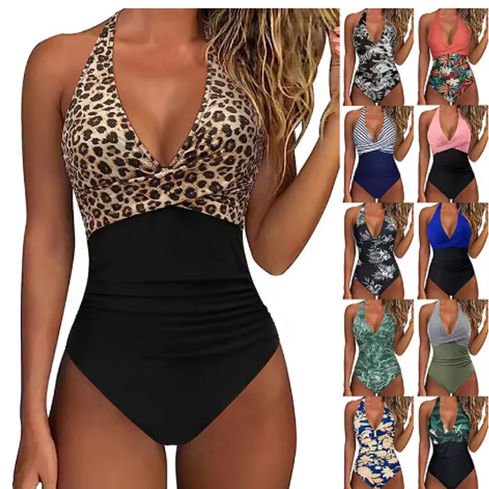 Pleated Leopard Print One-Piece Swimsuit