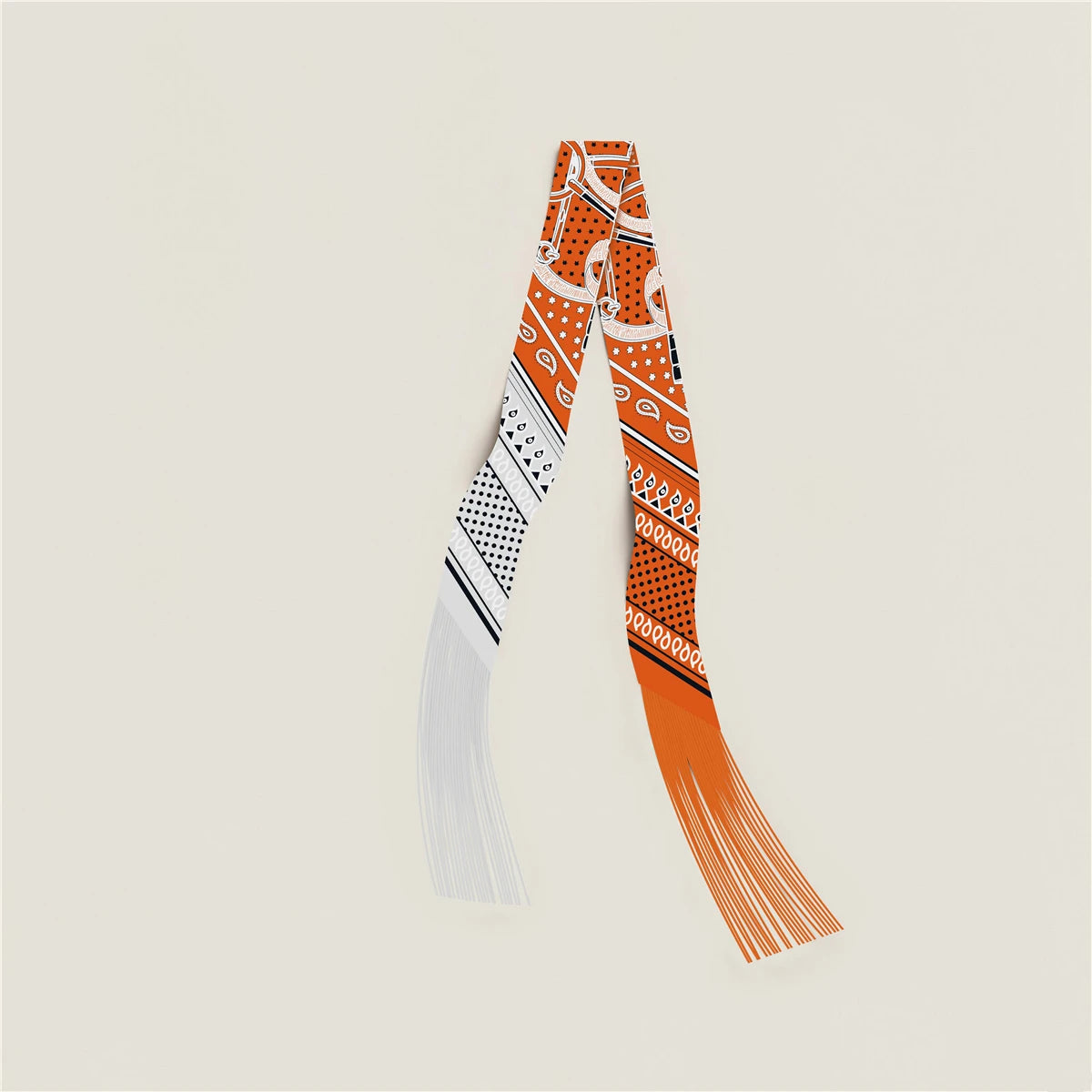 Printed Narrow Ribbon Scarf with Decorative Fringed Ends