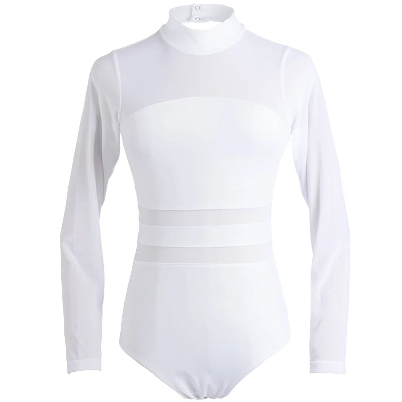 Women's Long Sleeve Ballet Leotard with Mesh Waist and Open Back