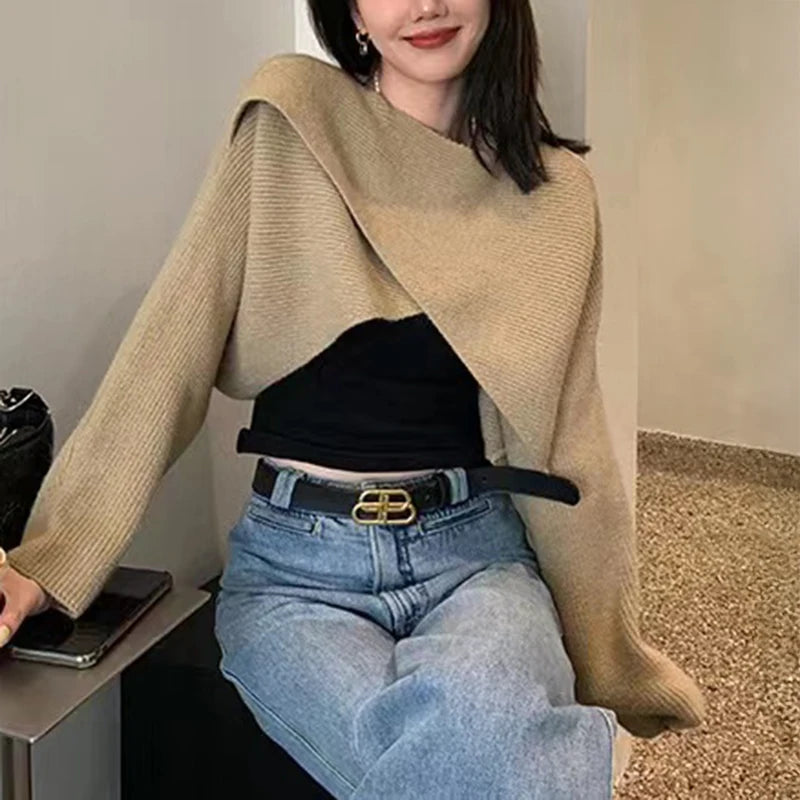 Women's Acrylic Crisscross-Front Cropped Long-Sleeve Knit Pullover Sweater for Autumn Layered Outfits
