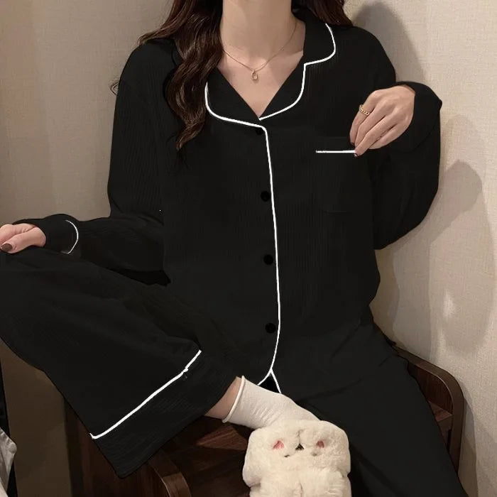 Women's Piped Button Front Long Sleeve Pajama Set with Top and Pants