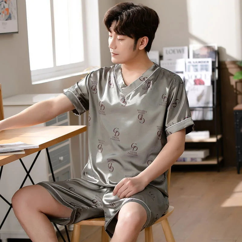 Men's Printed Short Sleeve Button Front Shirt and Shorts Pajama Set