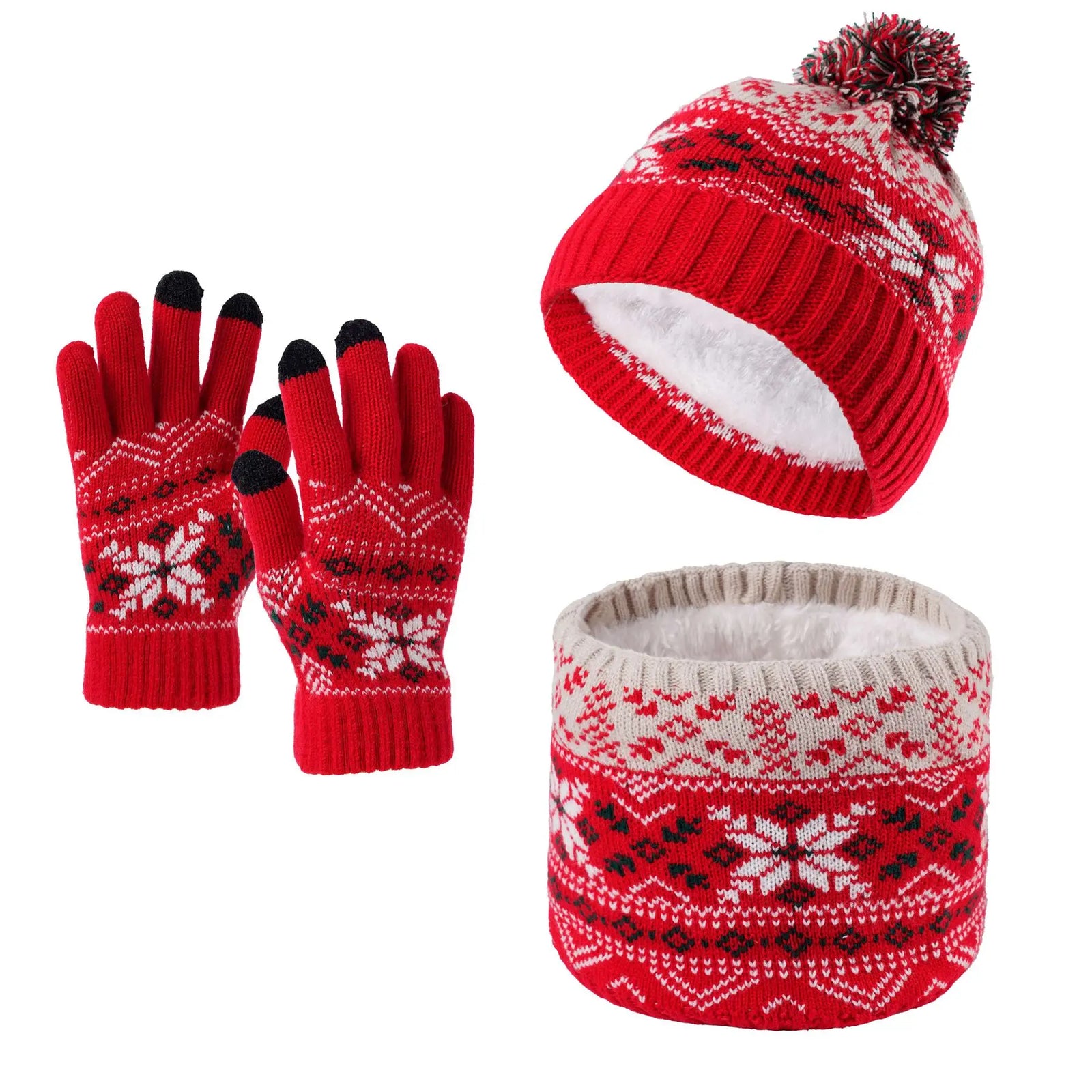 Children's Snowflake Knitted Hat Scarf and Gloves Set for Winter Wear