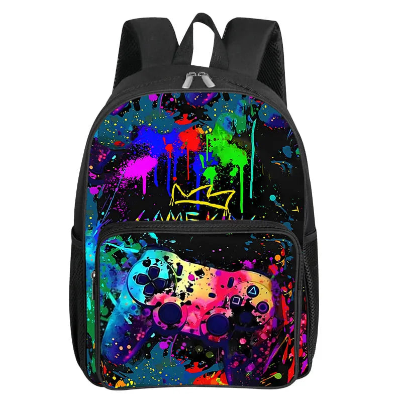 Children's Gamepad Print Backpack with Front Pocket and Twin Shoulder Straps