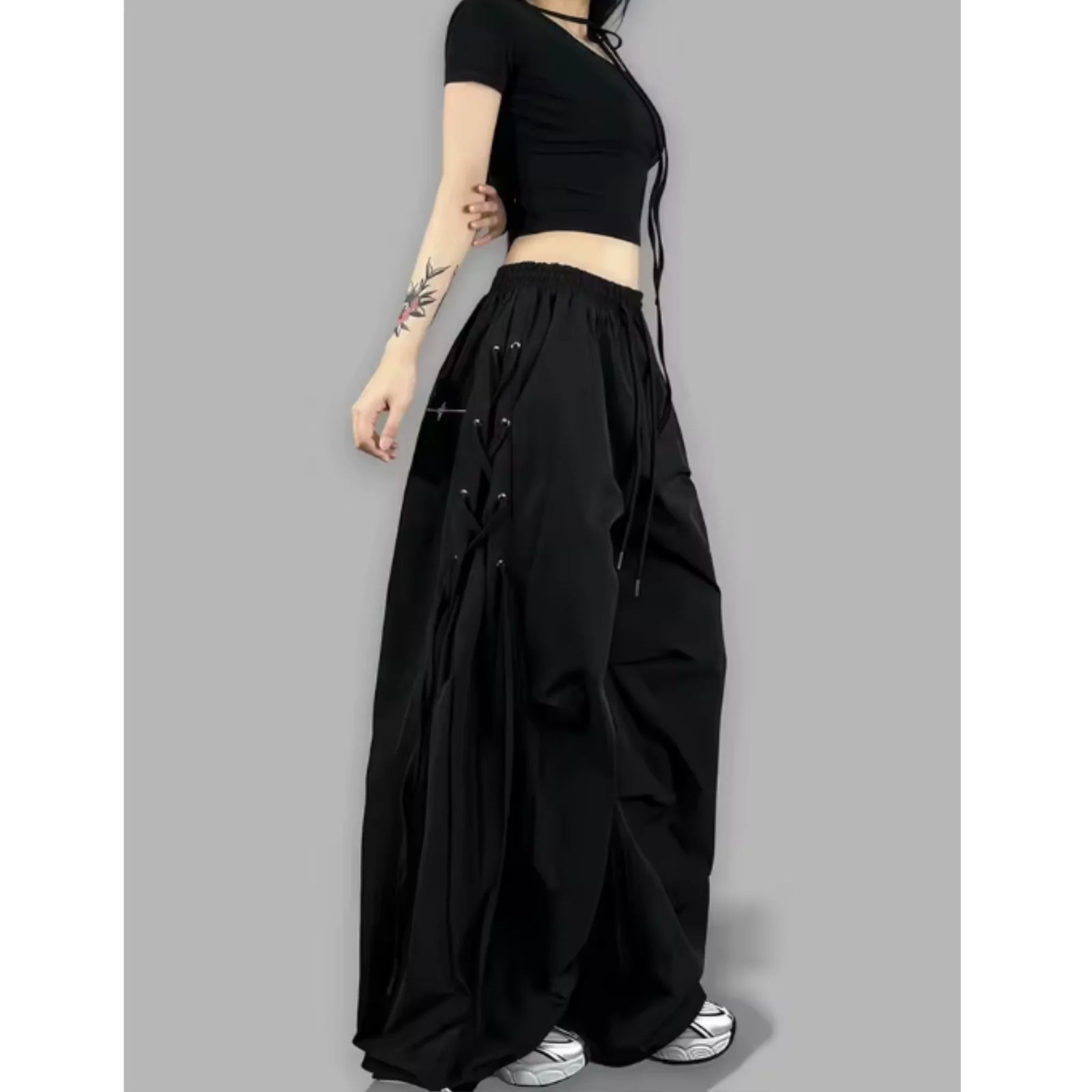 Women's Wide Leg Cargo Pants with Hanging Side Strap Details