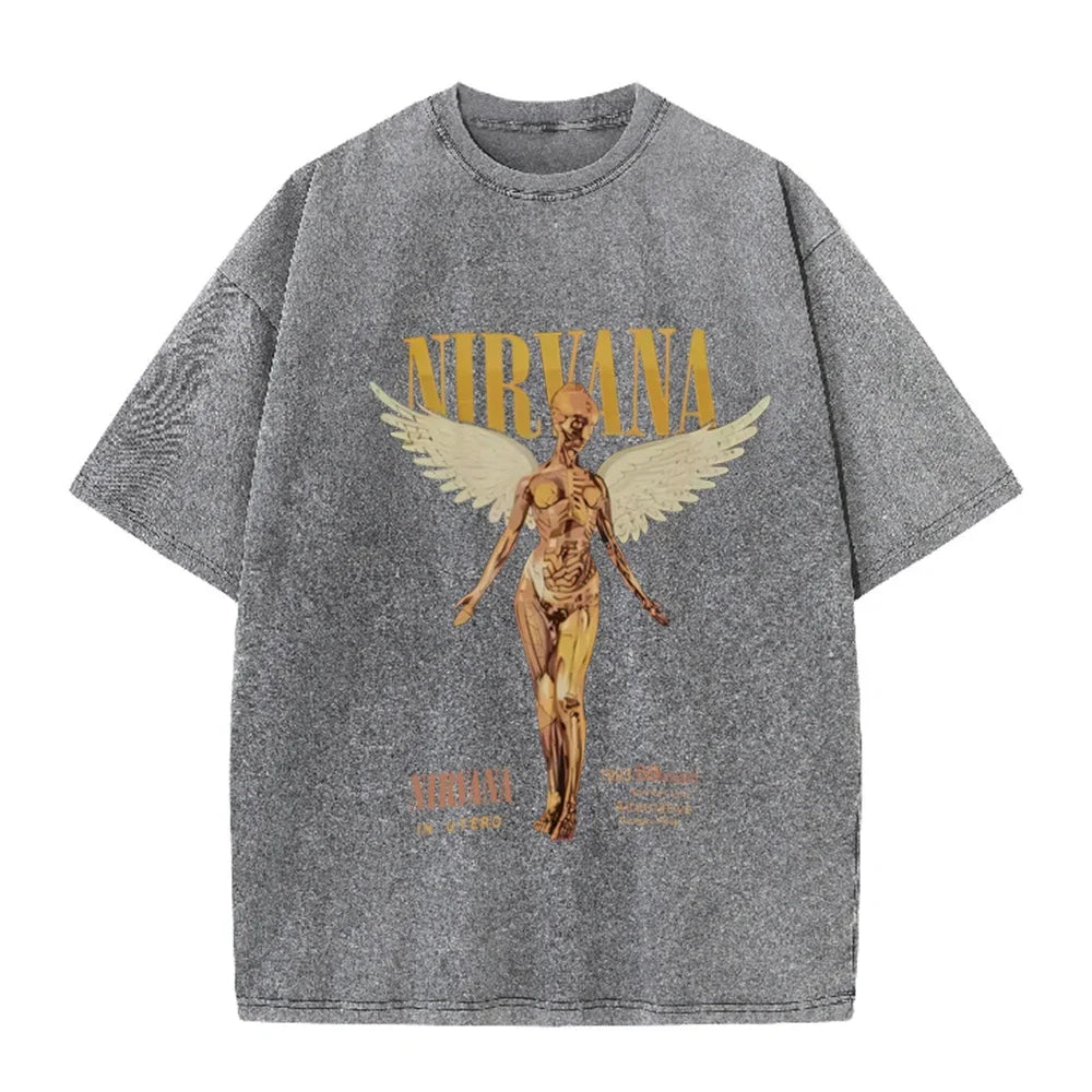 Vintage Distressed Washed Tee Nirvana Grunge Rock Silver Angel Skeleton Print Loose Fit Short Sleeve T Shirts