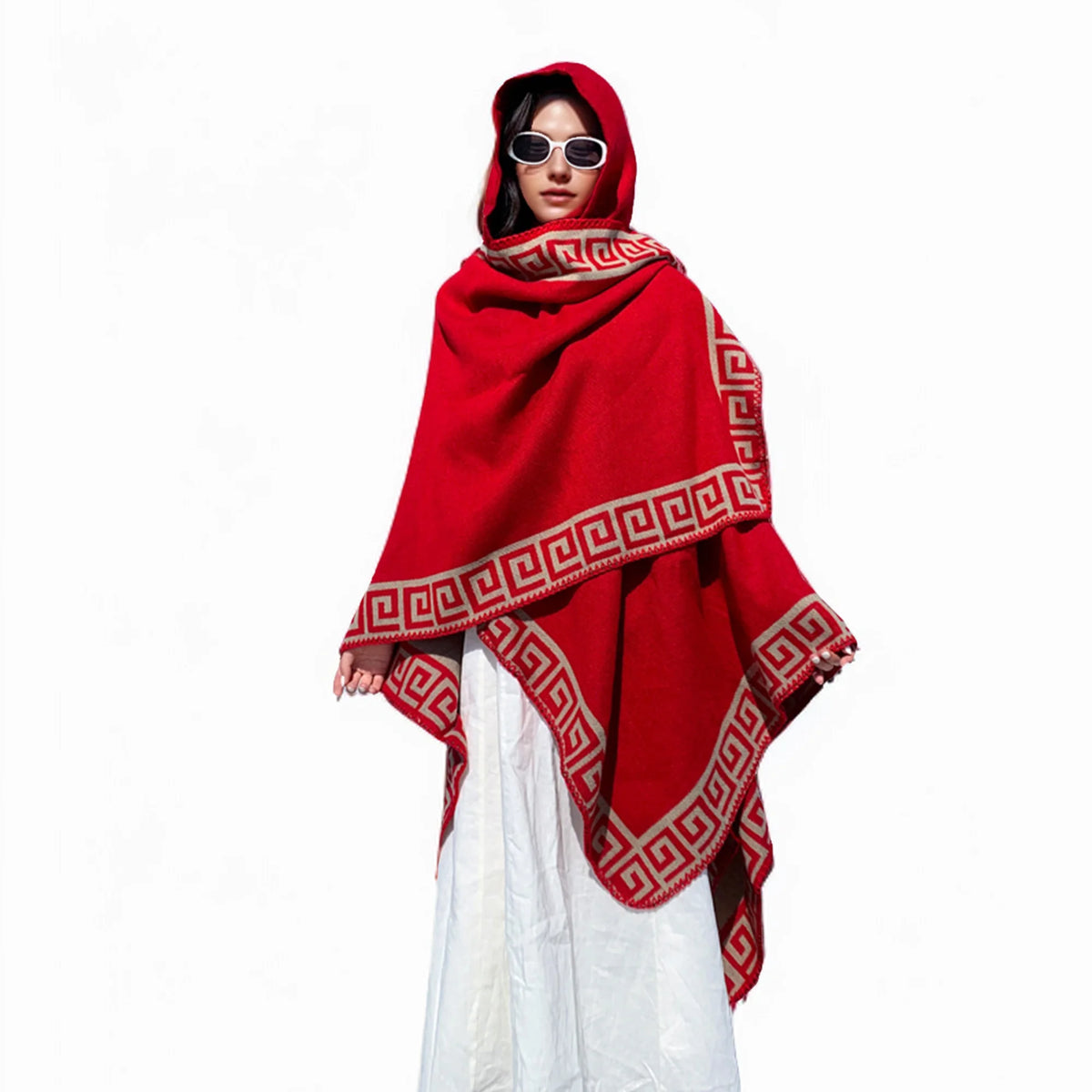 Hooded Geometric Border Poncho for Layering over Outfits