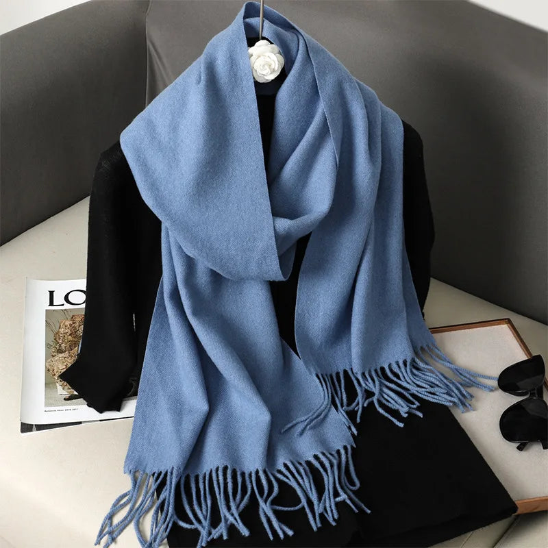 Solid Long Rectangular Scarf with Decorative Fringe Trim