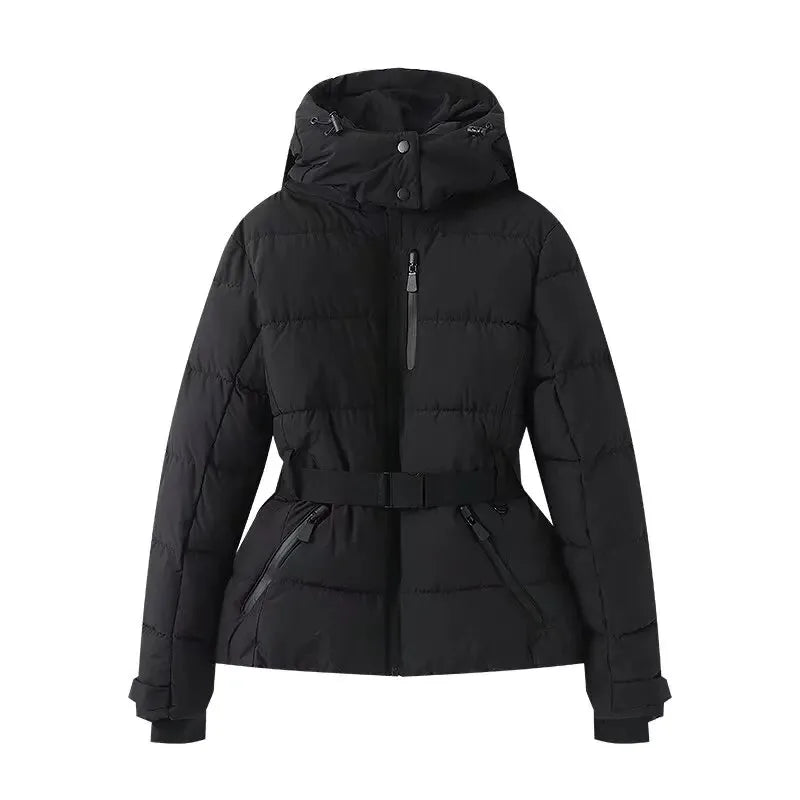 Women's Belted Hooded Quilted Jacket for Layered Outfits