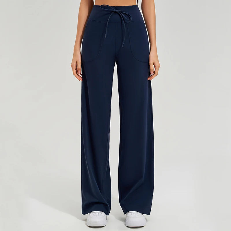 Women's Drawstring Waist Nylon Blend Wide Leg Pants for Yoga Practice