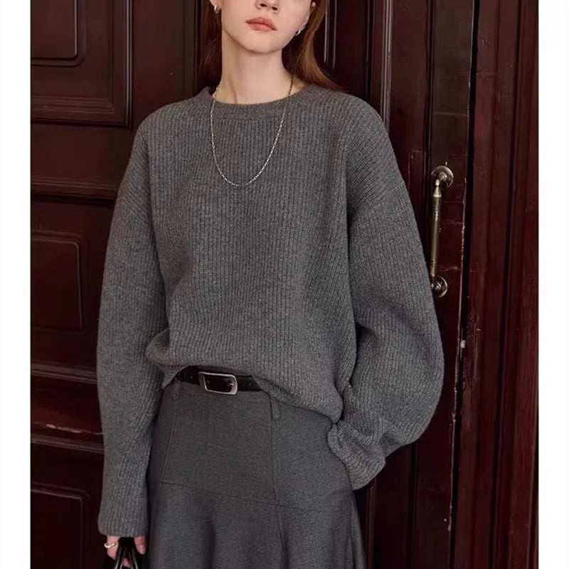 Vintage thick cashmere knitwear women's fall/winter loose shoulder crew neck sweater base sweater