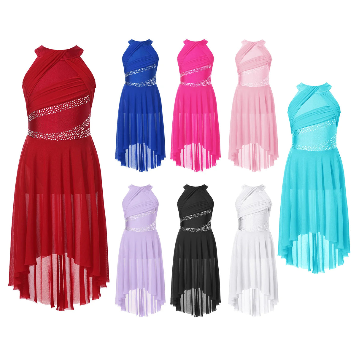 Girls' Sleeveless Rhinestone Ballet Dress with Asymmetric Mesh Skirt Overlay