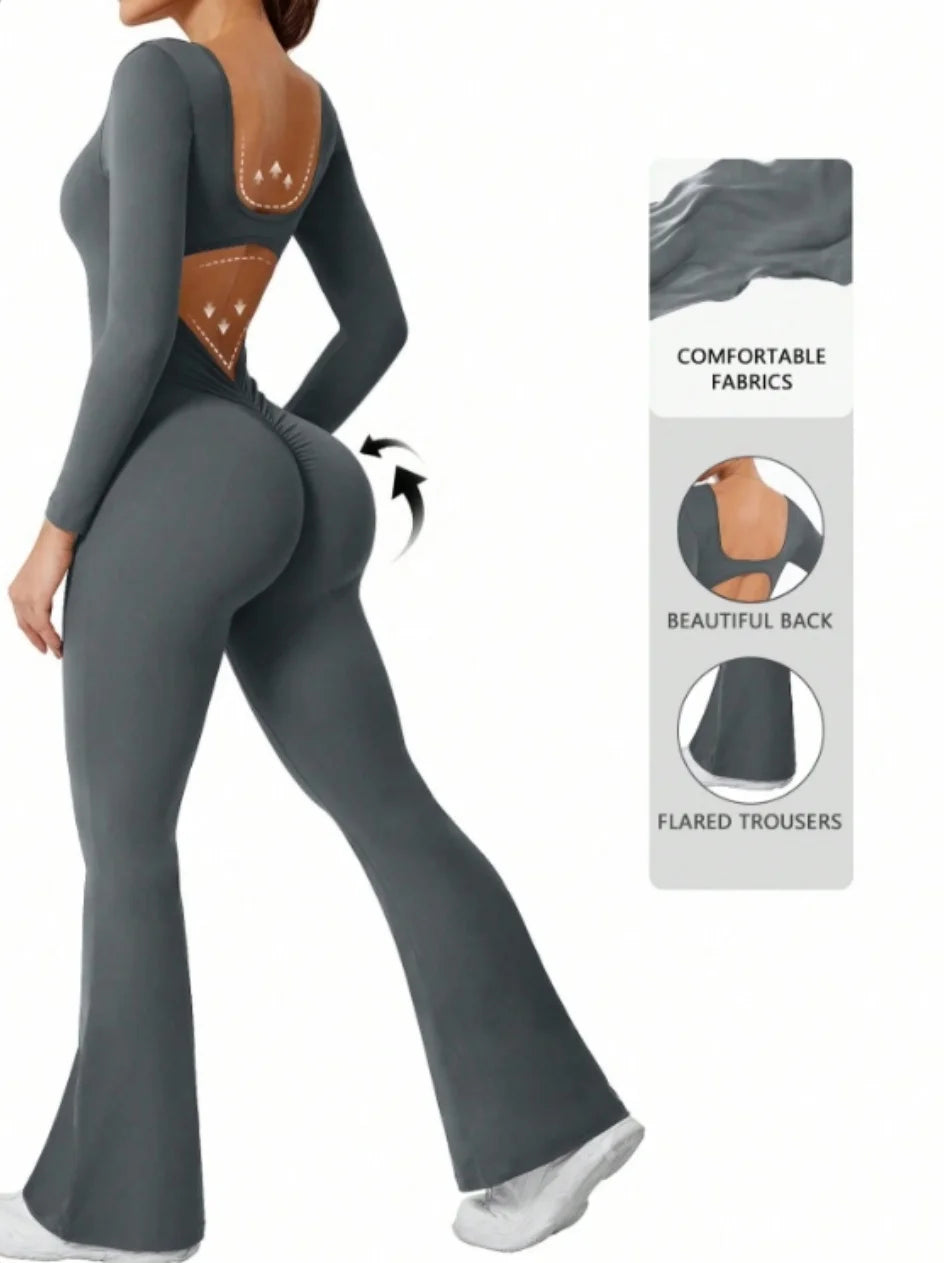 Women's Long Sleeve Nylon Blend Flared Workout Jumpsuit with Double Back Cutouts