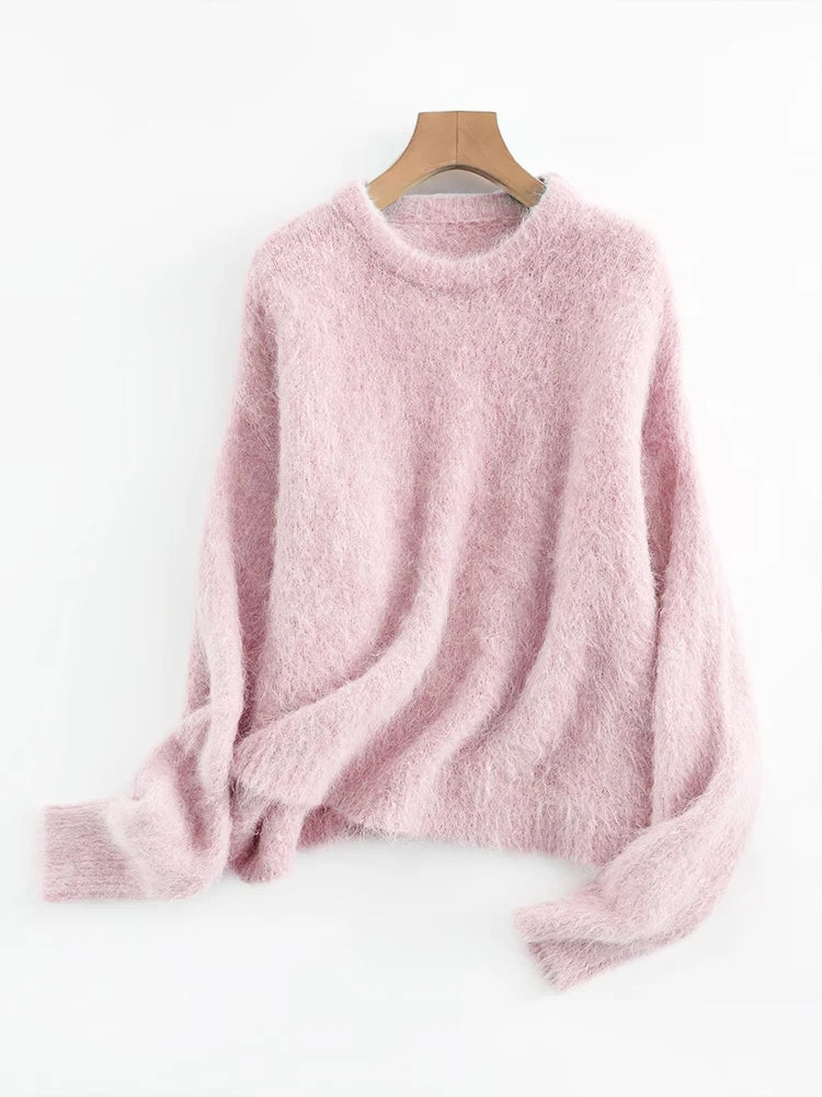 Women's Fluffy Crew Neck Long Sleeve Sweater Casual Knit Layer