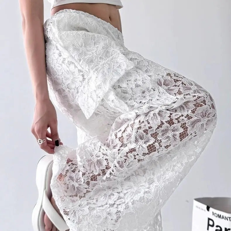 Women's Wide Leg Lace Pants with Short Lining and Pockets