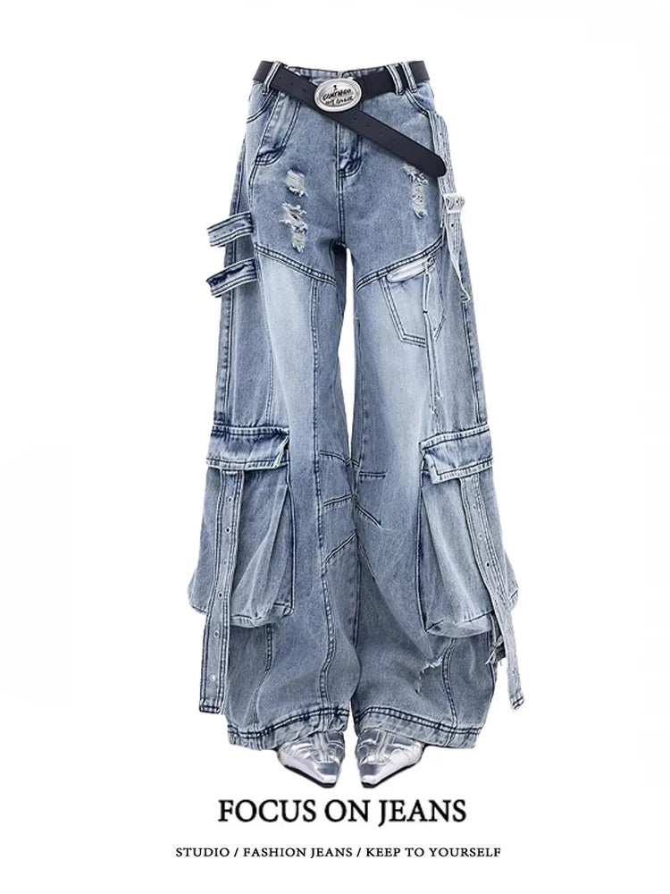 Women's Black Baggy Cargo Pocket Denim Jeans For Everyday Outfits